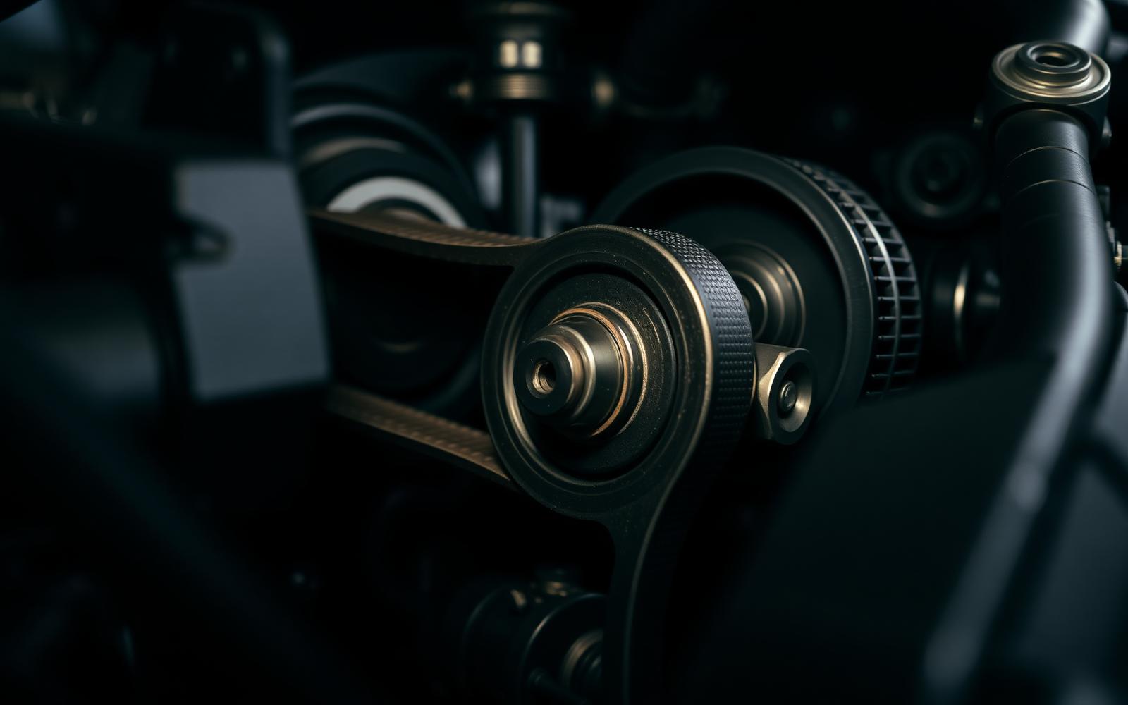 Close-up of an engine serpentine belt and pulleys