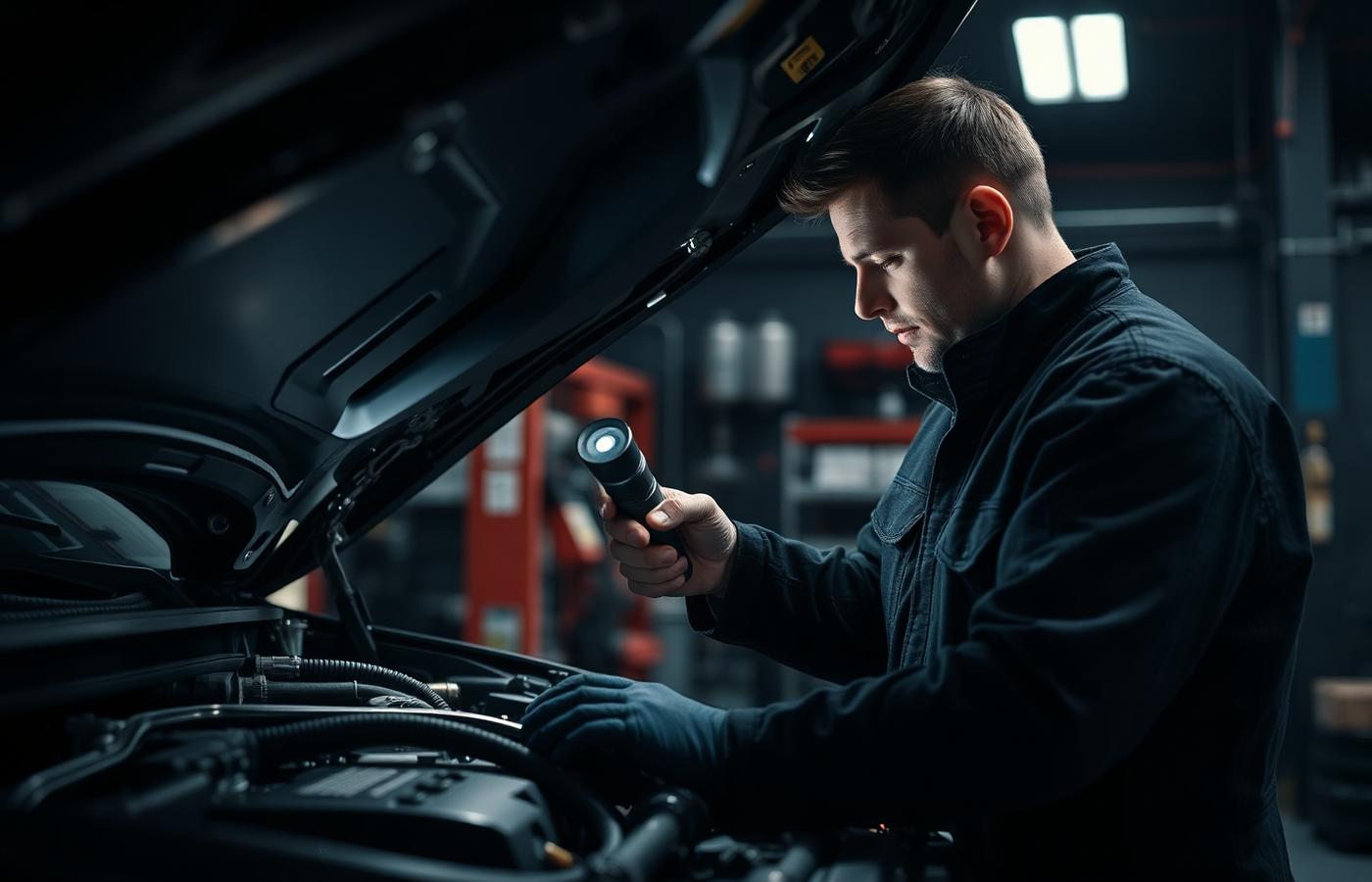 Mechanic inspecting an engine bay with a flashlight in a dark workshop